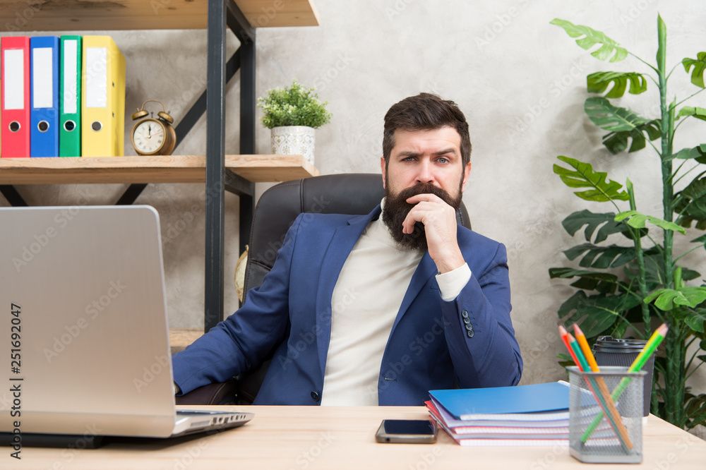 Concentration and focus. Man bearded boss sit office with laptop. Manager  solving business problems. Businessman in charge of business solutions.  Developing business strategy. Risky business Stock Photo | Adobe Stock